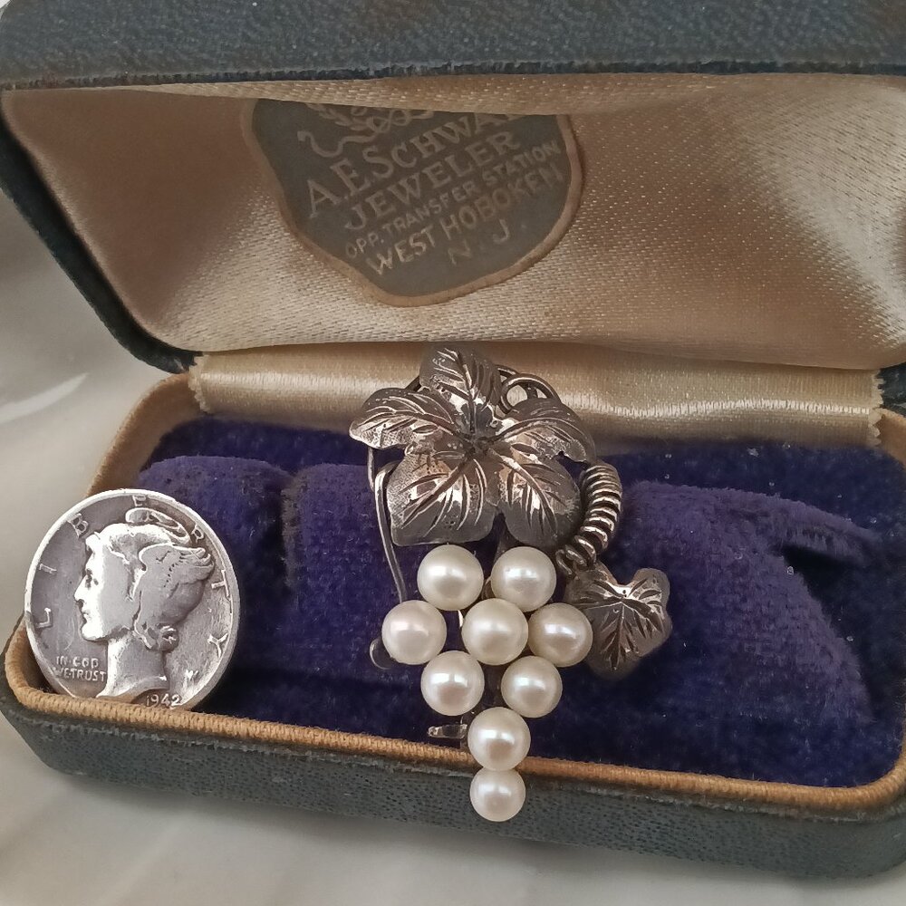 Japanese Etched Silver & Akoya Pearl Brooch